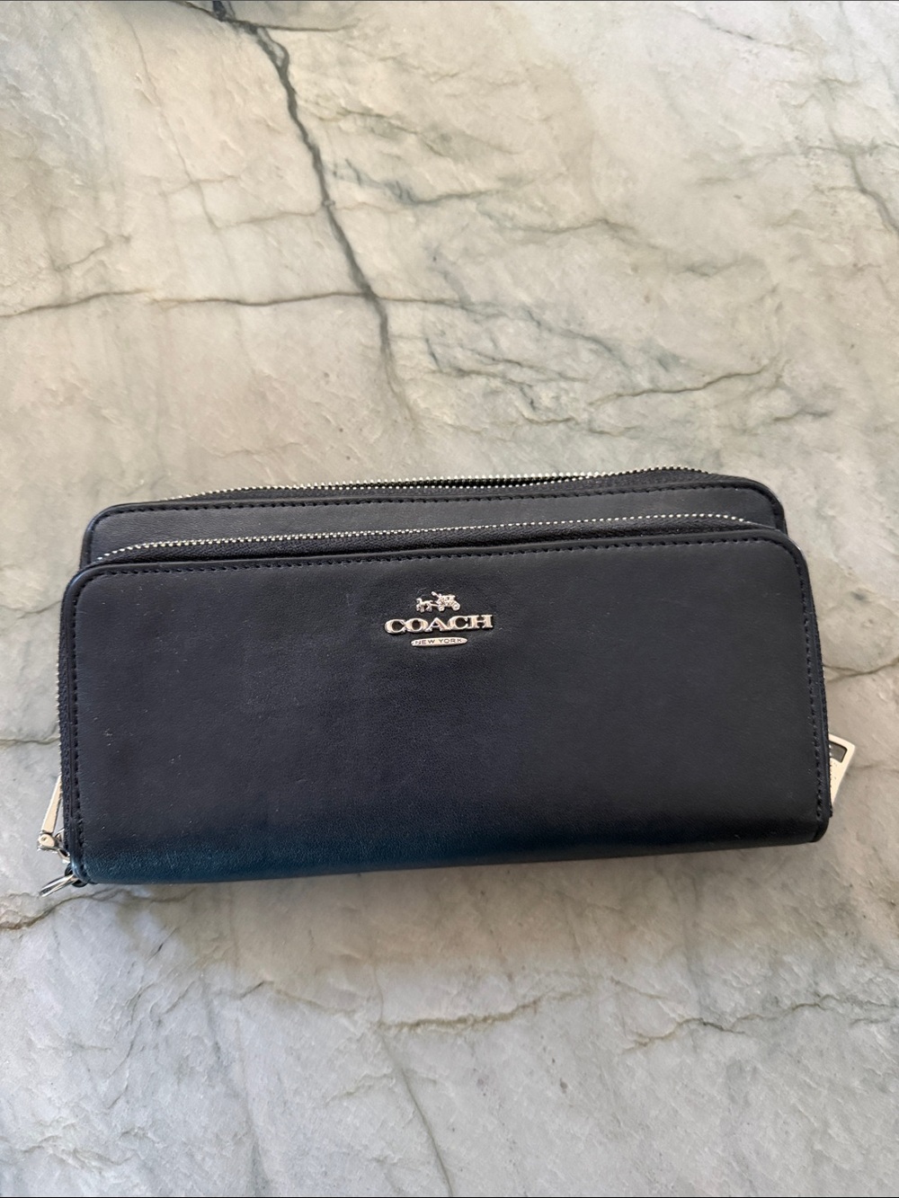 Coach black Leather Double Zip Wallet with Silver Logo